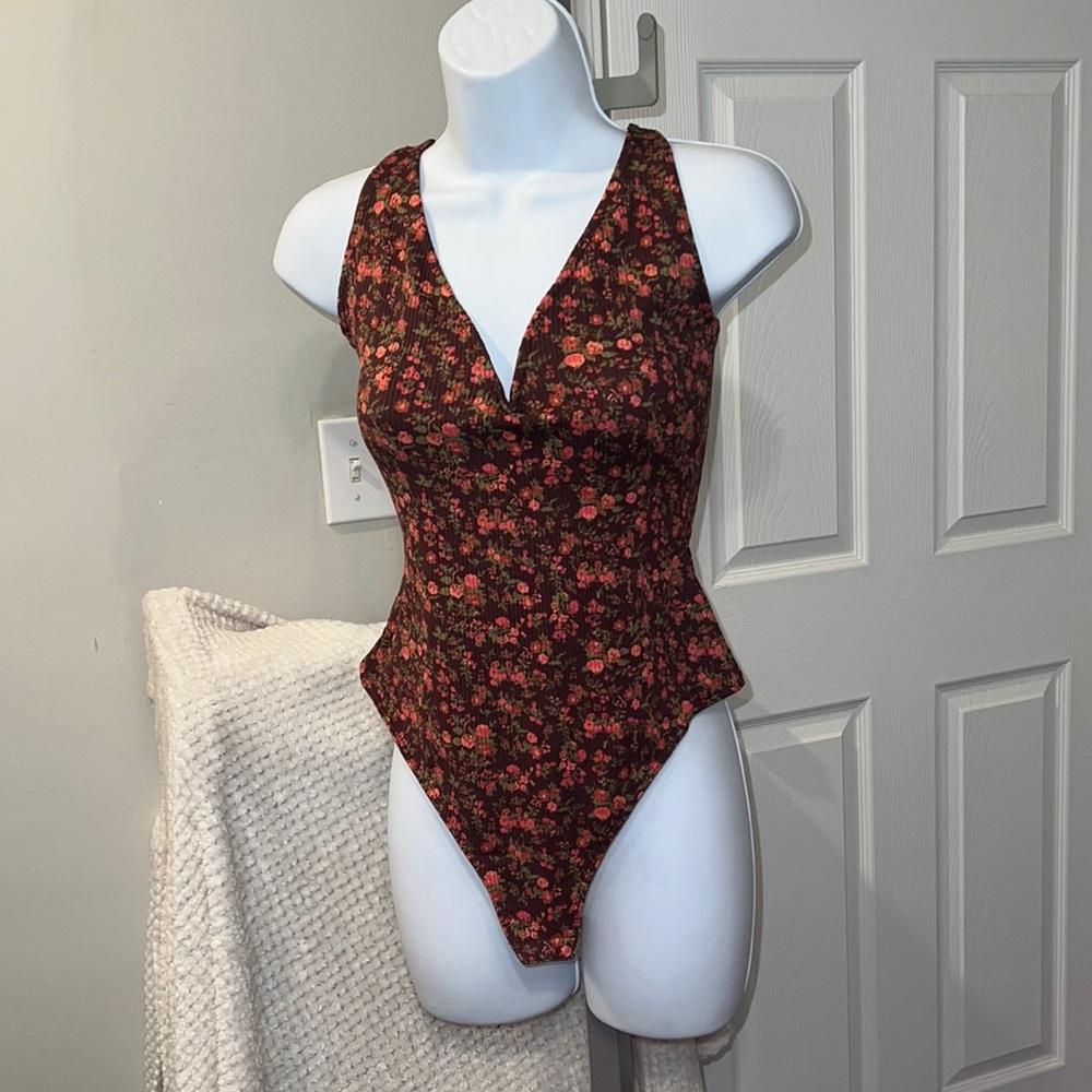 NWT Free People chocolate floral  halter top w. snap crotch, bodysuit, sz small